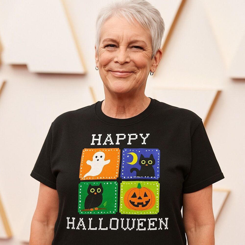 Happy Halloween 3X T-shirt Womens Black Shirt Ghost Owl Cat Jack O Lantern